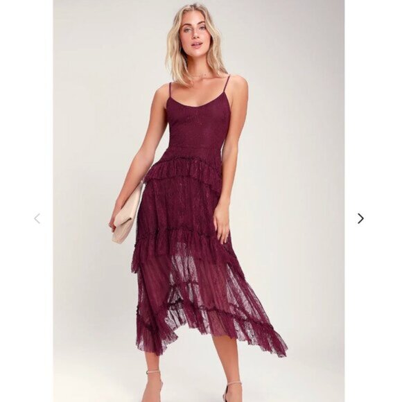 Lulu's Wonderfully Whimsical Burgundy Lace Ruffled Midi Dress - Picture 1 of 13